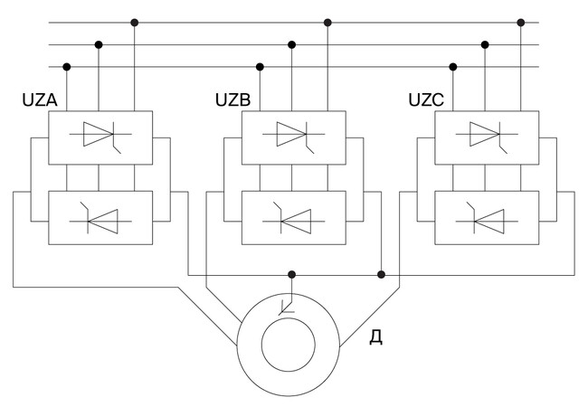 Схема ПЧ на базе управляемых тиристорных ключей